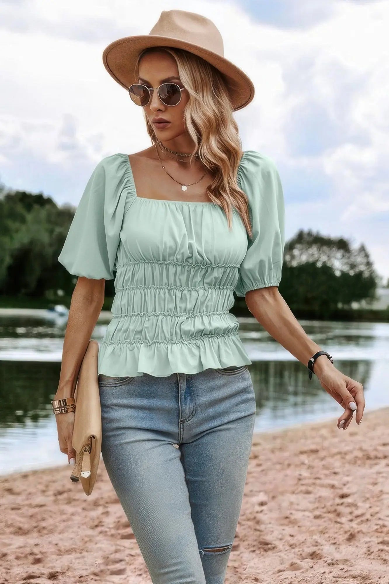 Solid Square Neck Shirred Flounce Sleeve Peplum Blouse  Style Ratio