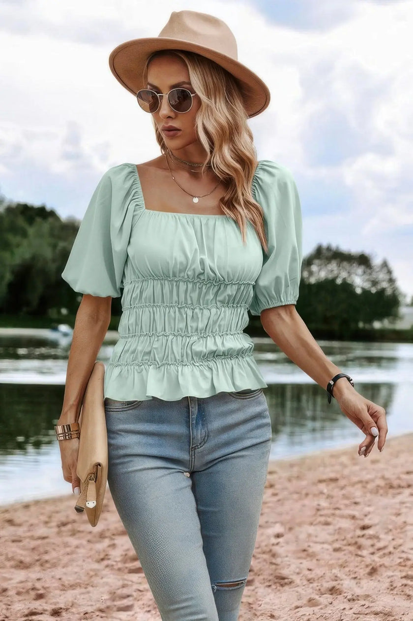 Solid Square Neck Shirred Flounce Sleeve Peplum Blouse  Style Ratio