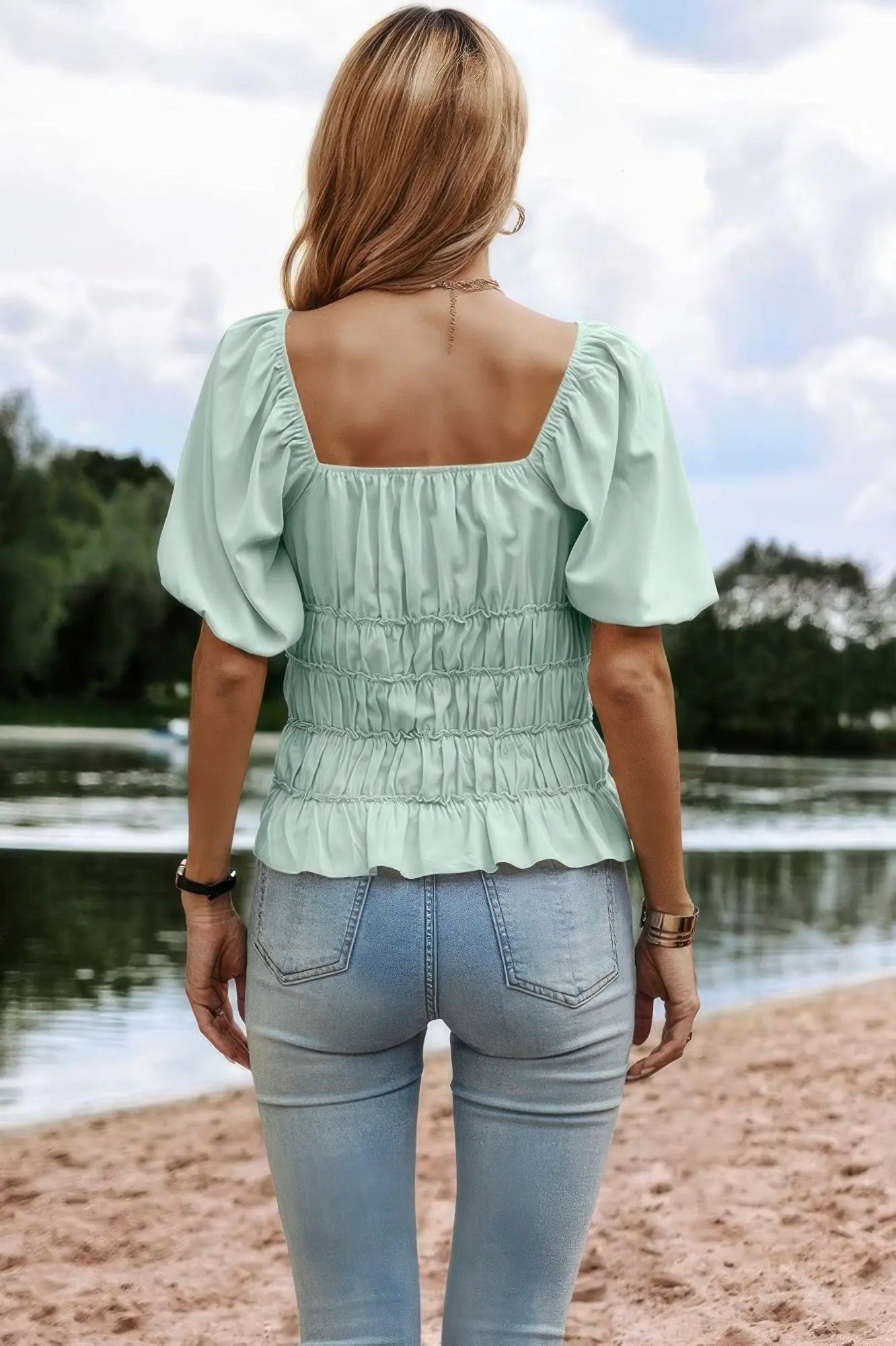 Solid Square Neck Shirred Flounce Sleeve Peplum Blouse  Style Ratio