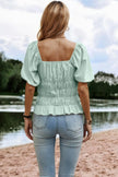 Solid Square Neck Shirred Flounce Sleeve Peplum Blouse  Style Ratio