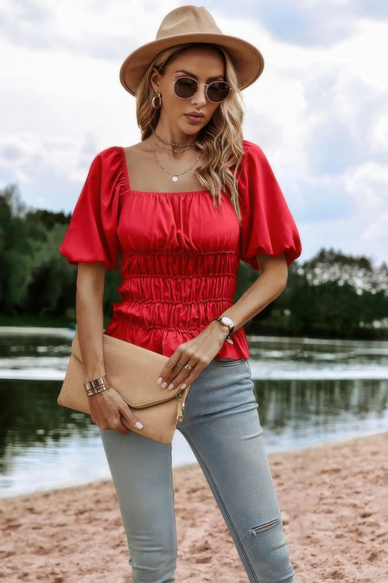 Solid Square Neck Shirred Flounce Sleeve Peplum Blouse  Style Ratio