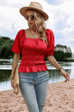 Solid Square Neck Shirred Flounce Sleeve Peplum Blouse  Style Ratio
