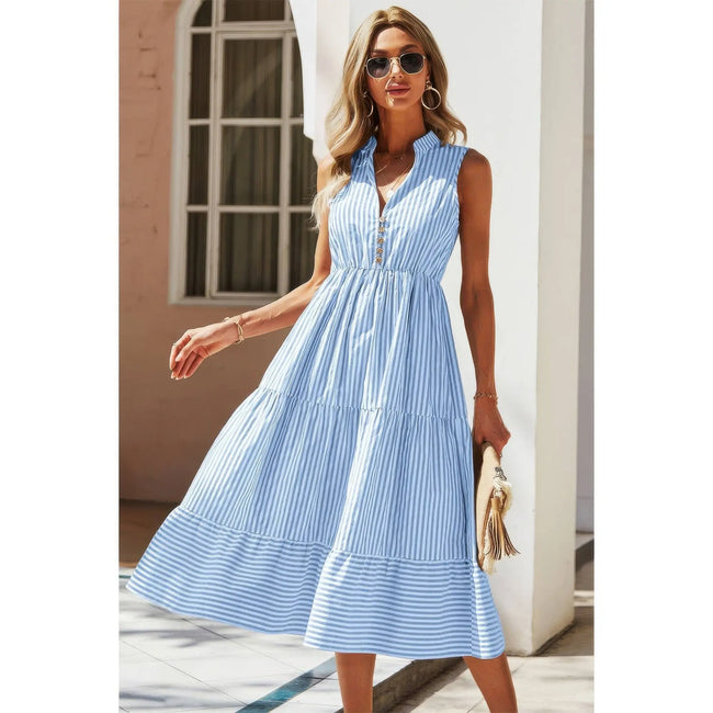 Strip Sleeveless V Neck A Line Color Block Dress  Style Ratio