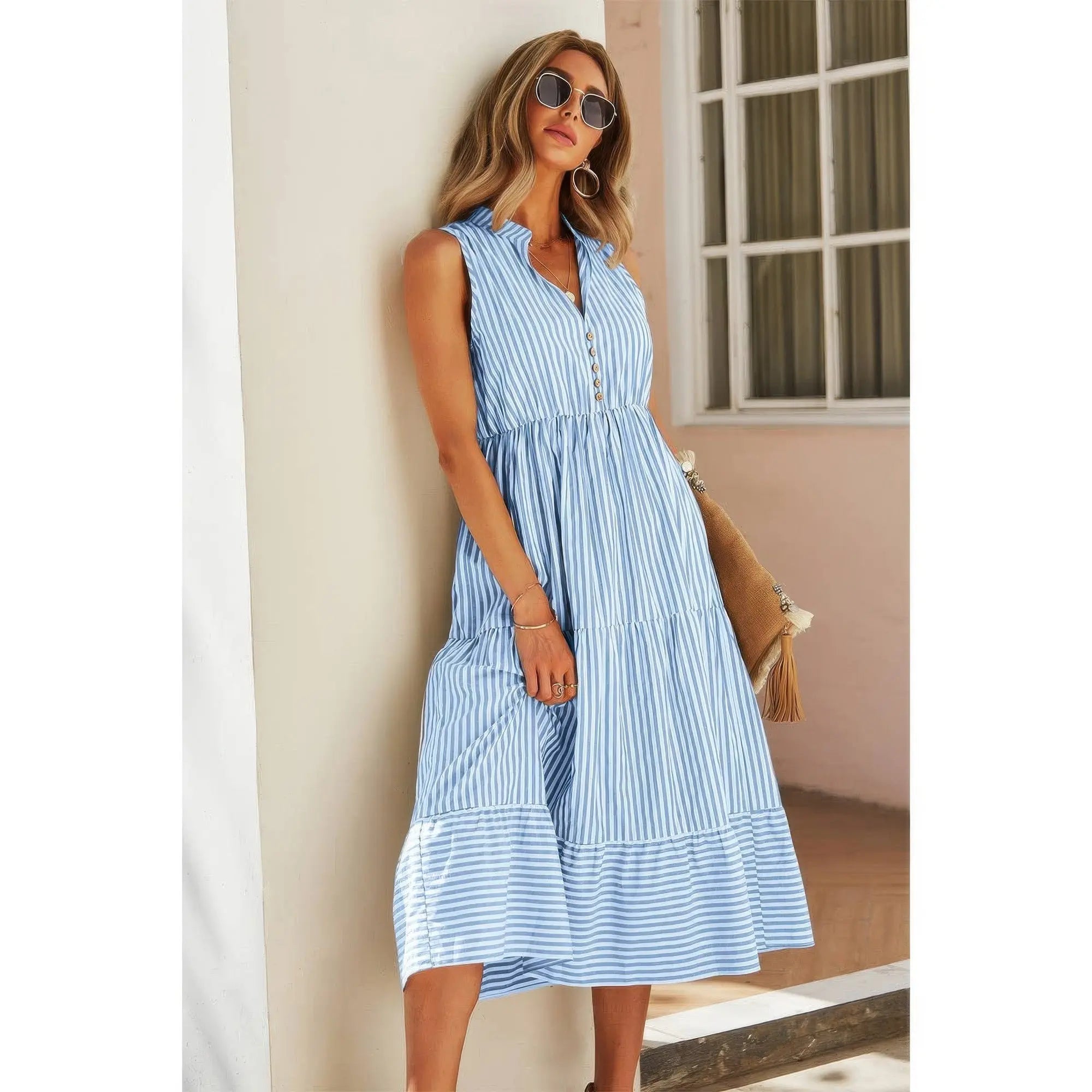 Strip Sleeveless V Neck A Line Color Block Dress  Style Ratio