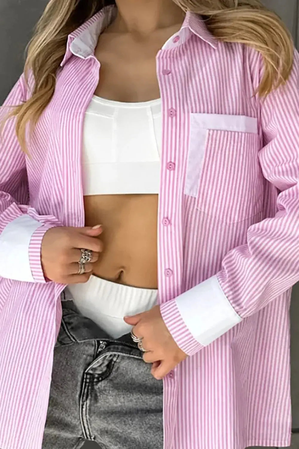 Striped Collared Neck Long Sleeve Shirt  Style Ratio