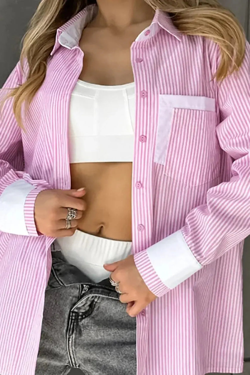 Striped Collared Neck Long Sleeve Shirt  Style Ratio