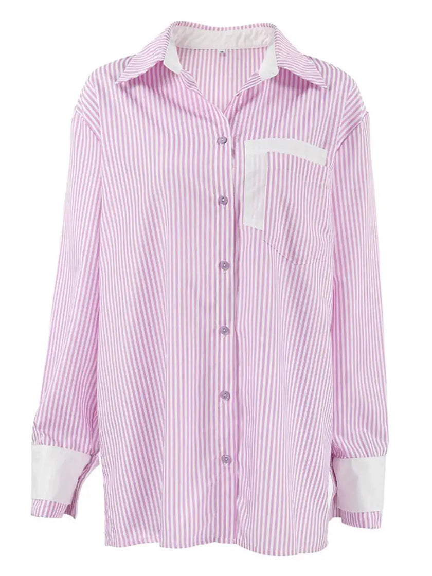 Striped Collared Neck Long Sleeve Shirt  Style Ratio
