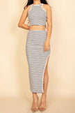 Striped High Neck Crop Top & Side Slit Midi Skirt Set  Style Ratio