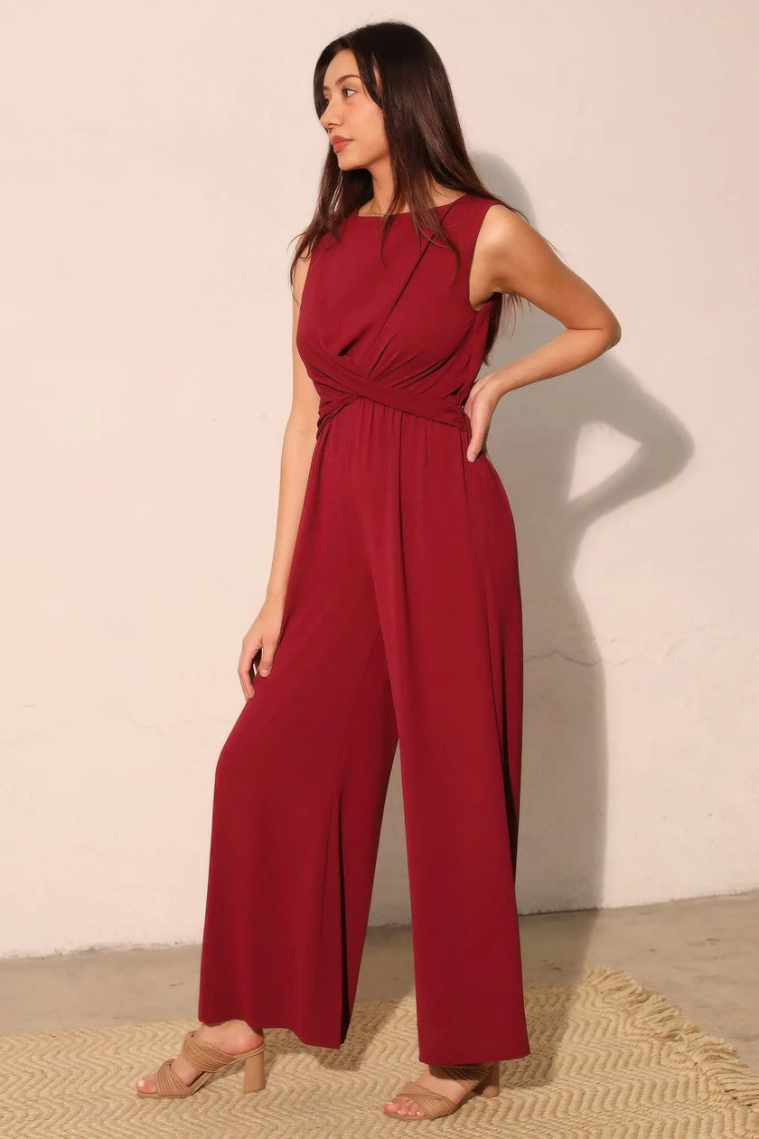 Textured Solid Twist Front Jumpsuit  Style Ratio