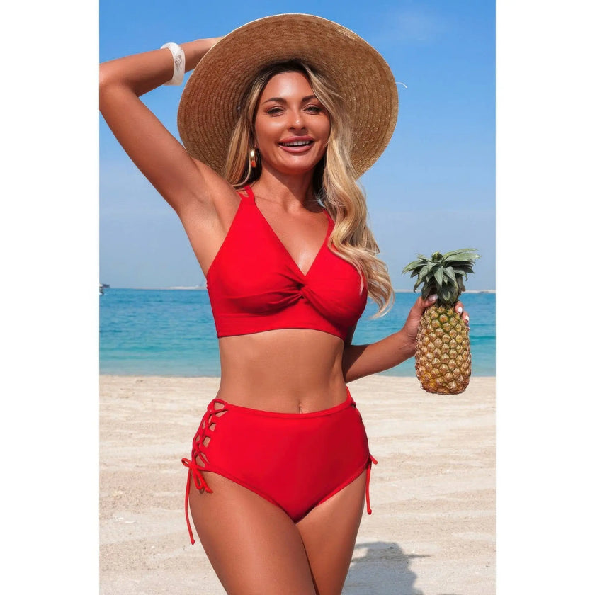 Two Piece High Waisted V Neck Cross Side Biniki  Style Ratio