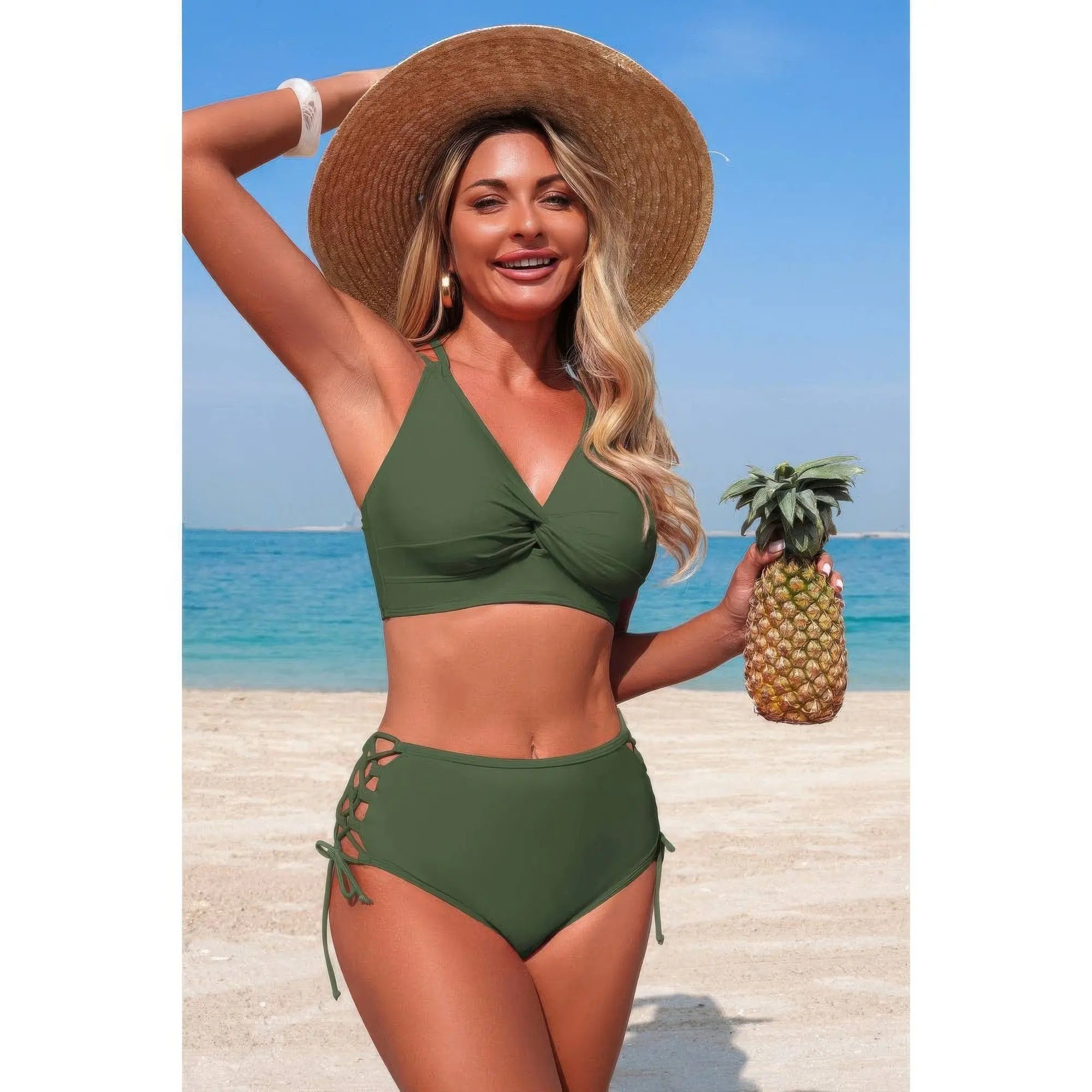 Two Piece High Waisted V Neck Cross Side Biniki  Style Ratio