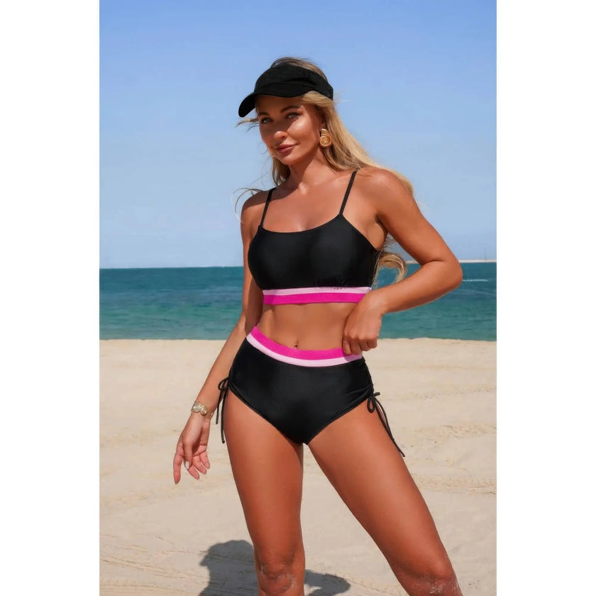 Two Piece Solid Contrast Tie Up Stretch Bikini  Style Ratio