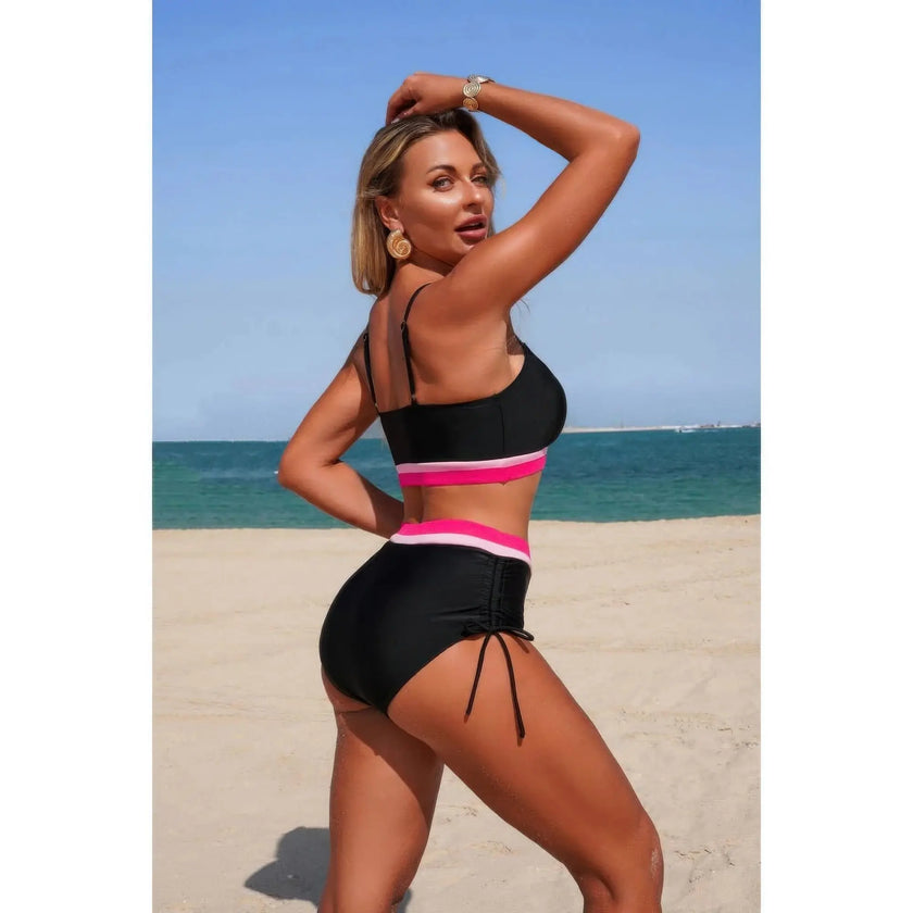 Two Piece Solid Contrast Tie Up Stretch Bikini  Style Ratio