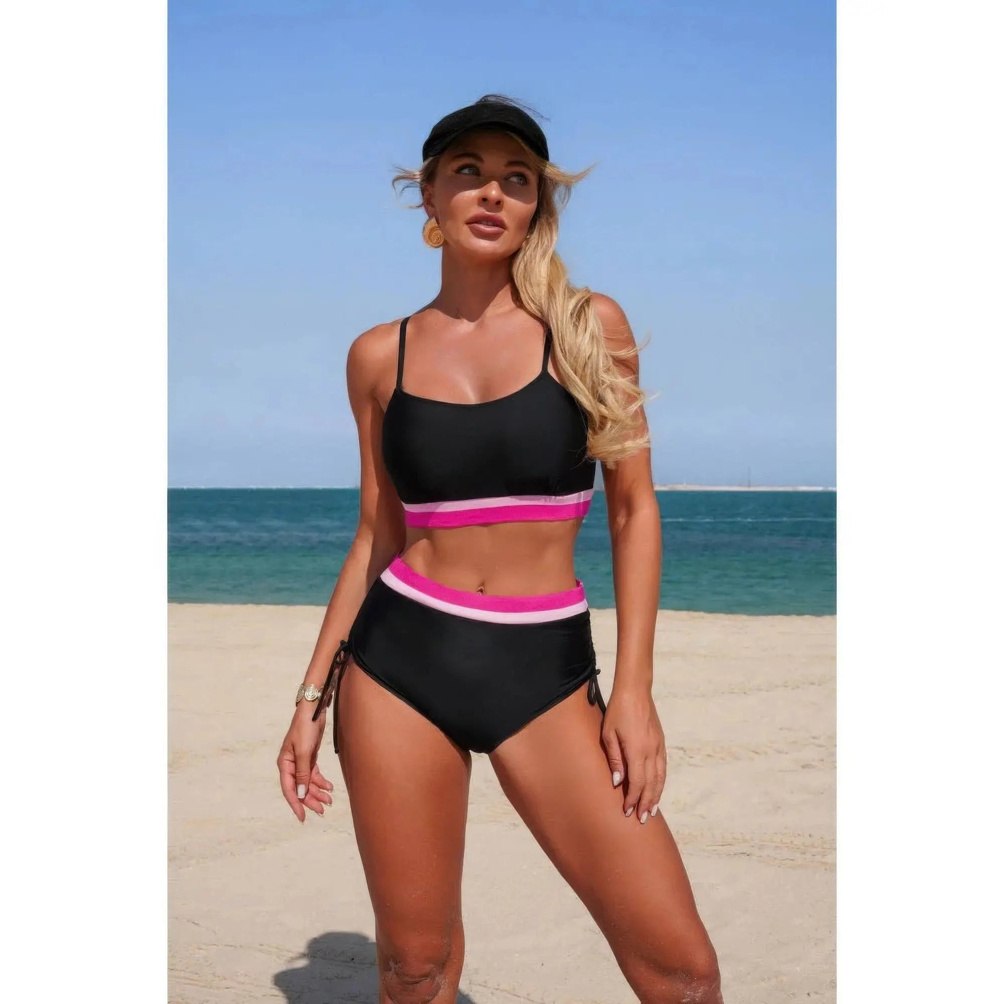 Two Piece Solid Contrast Tie Up Stretch Bikini  Style Ratio