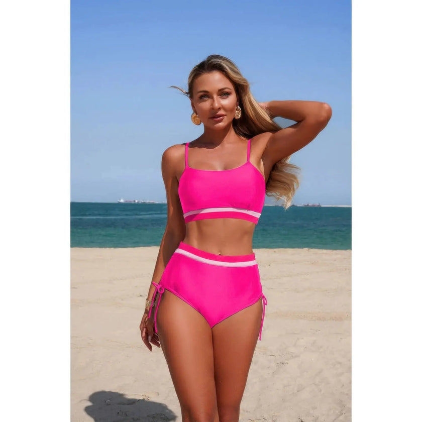 Two Piece Solid Contrast Tie Up Stretch Bikini  Style Ratio