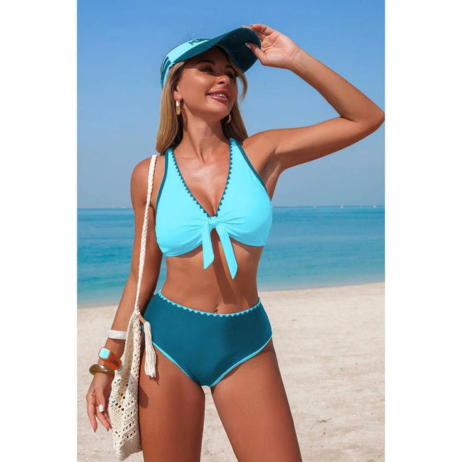 Two Piece Tie Knot Contrast High Waisted Bikini  Style Ratio