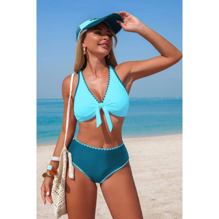 Two Piece Tie Knot Contrast High Waisted Bikini  Style Ratio