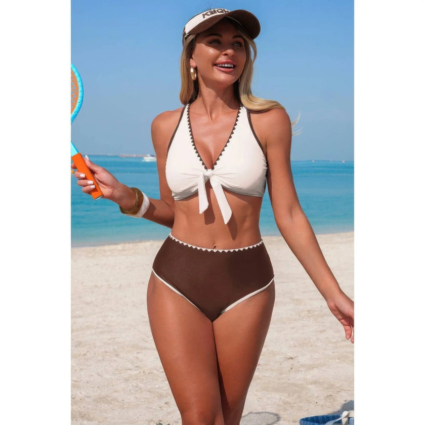 Two Piece Tie Knot Contrast High Waisted Bikini  Style Ratio