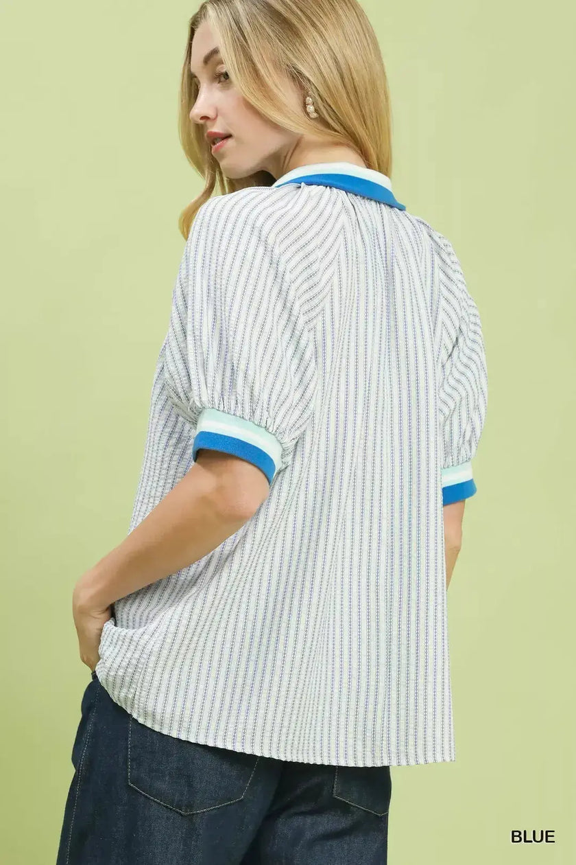 Umgee Botanical Print Puff Short Sleeve Blouse  Style Ratio