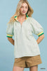 Umgee Botanical Print Puff Short Sleeve Blouse with Contrast Collar  Style Ratio
