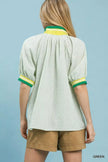 Umgee Botanical Print Puff Short Sleeve Blouse with Contrast Collar  Style Ratio