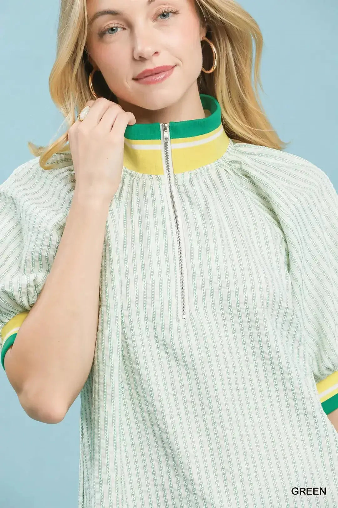 Umgee Botanical Print Puff Short Sleeve Blouse with Contrast Collar  Style Ratio