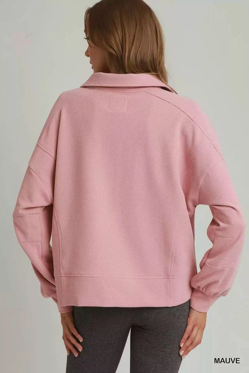 Umgee Brushed Waffle Polo Collared Pullover  Style Ratio