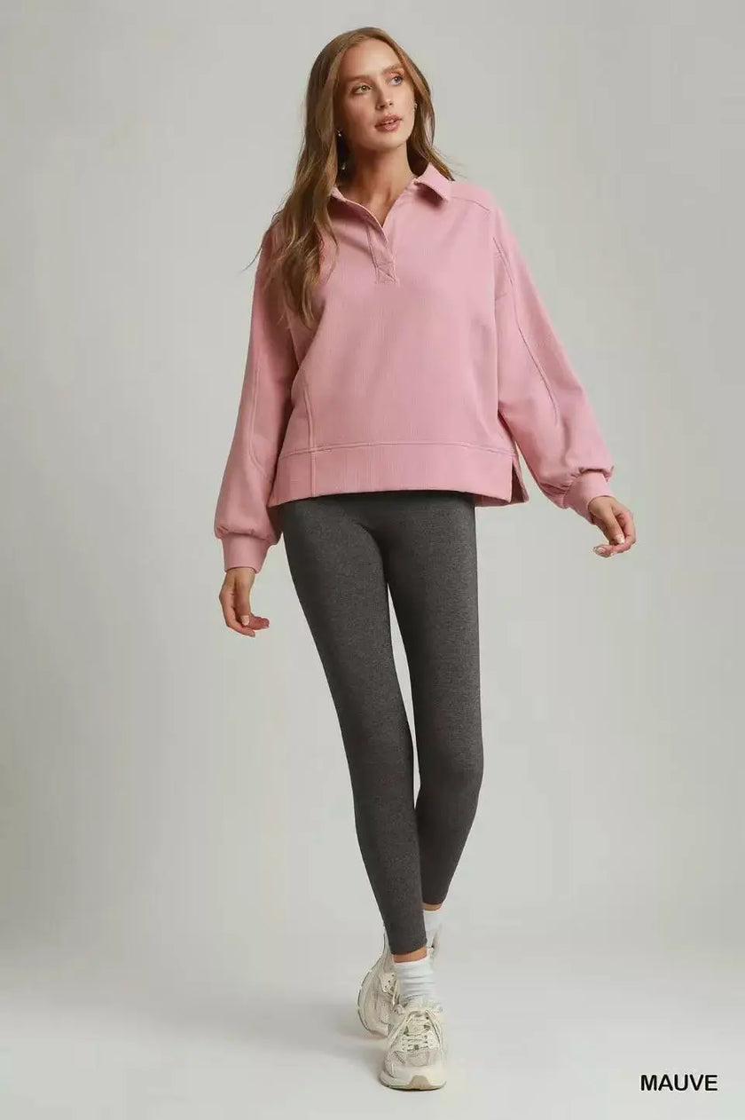 Umgee Brushed Waffle Polo Collared Pullover  Style Ratio