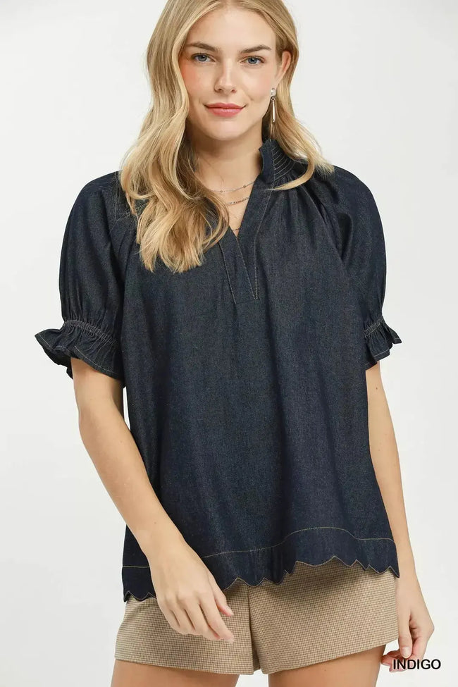 Umgee Chambray Puff Sleeve Scallop Hem Blouse  Style Ratio