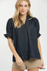 Umgee Chambray Puff Sleeve Scallop Hem Blouse  Style Ratio