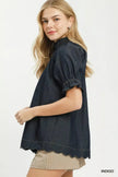 Umgee Chambray Puff Sleeve Scallop Hem Blouse  Style Ratio