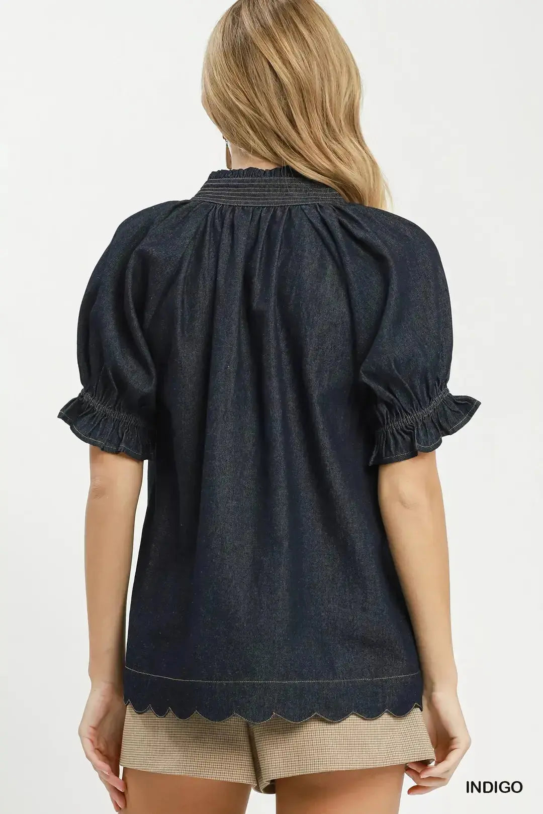 Umgee Chambray Puff Sleeve Scallop Hem Blouse  Style Ratio