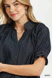 Umgee Chambray Puff Sleeve Scallop Hem Blouse  Style Ratio
