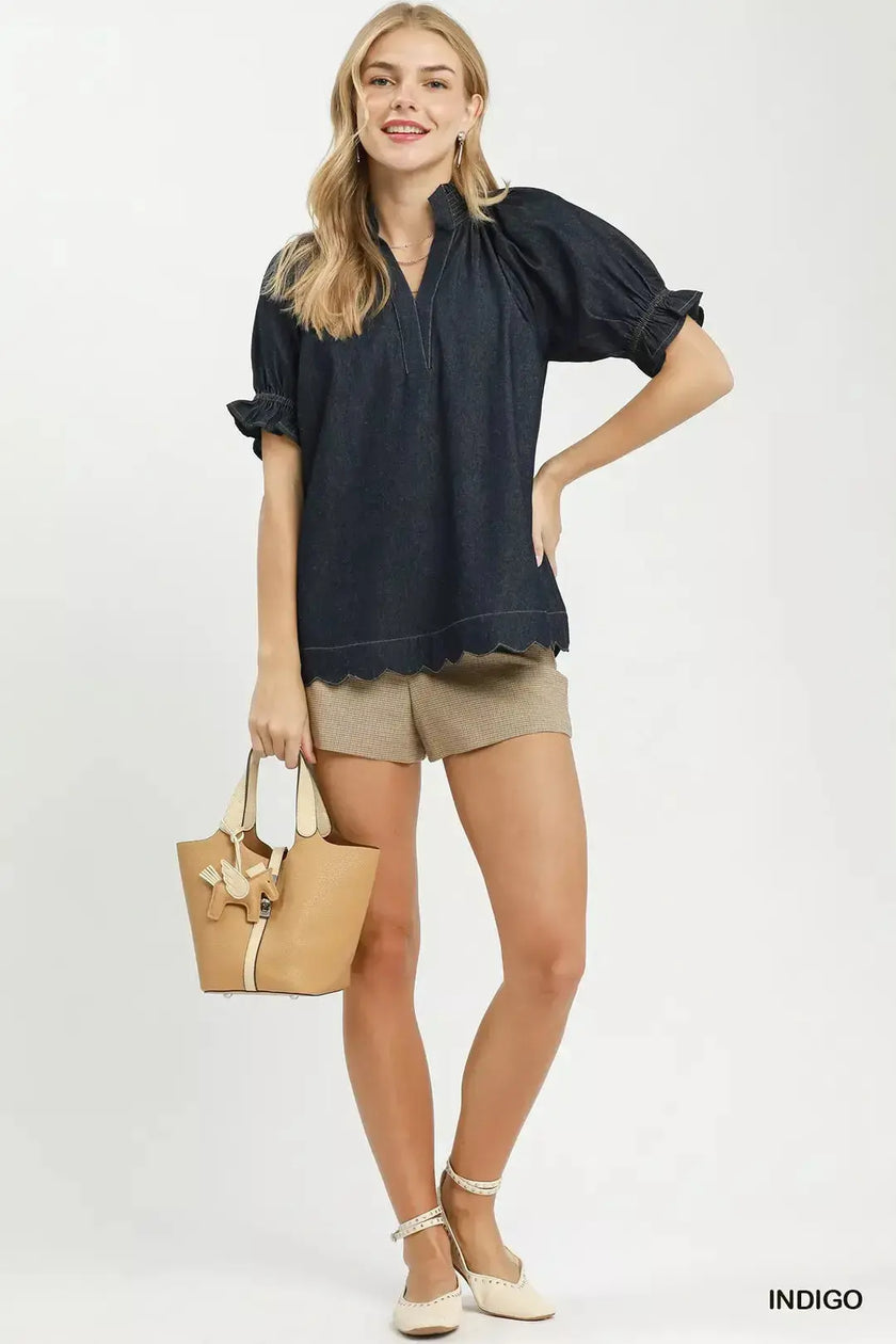 Umgee Chambray Puff Sleeve Scallop Hem Blouse  Style Ratio