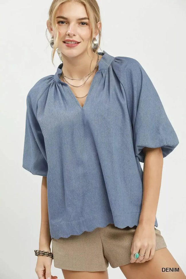 Umgee Chambray Scallop Hem Puff Sleeve Top  Style Ratio