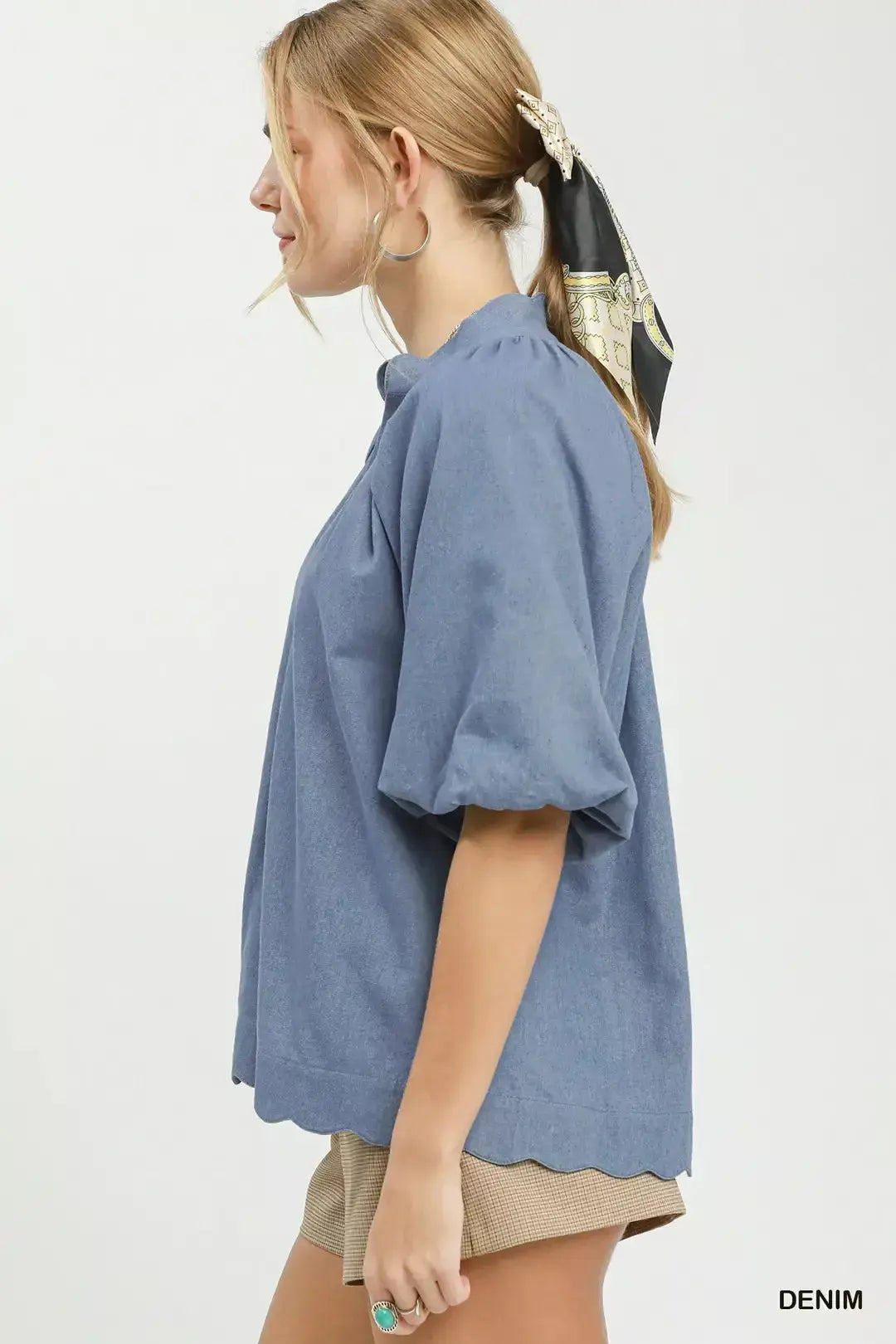 Umgee Chambray Scallop Hem Puff Sleeve Top  Style Ratio