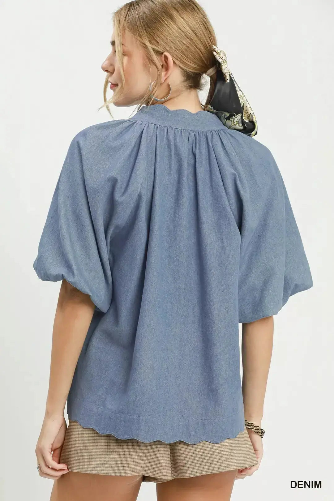 Umgee Chambray Scallop Hem Puff Sleeve Top  Style Ratio