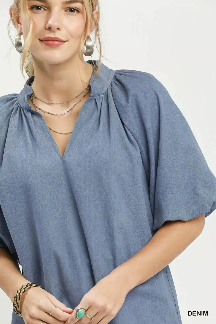 Umgee Chambray Scallop Hem Puff Sleeve Top  Style Ratio