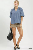 Umgee Chambray Scallop Hem Puff Sleeve Top  Style Ratio