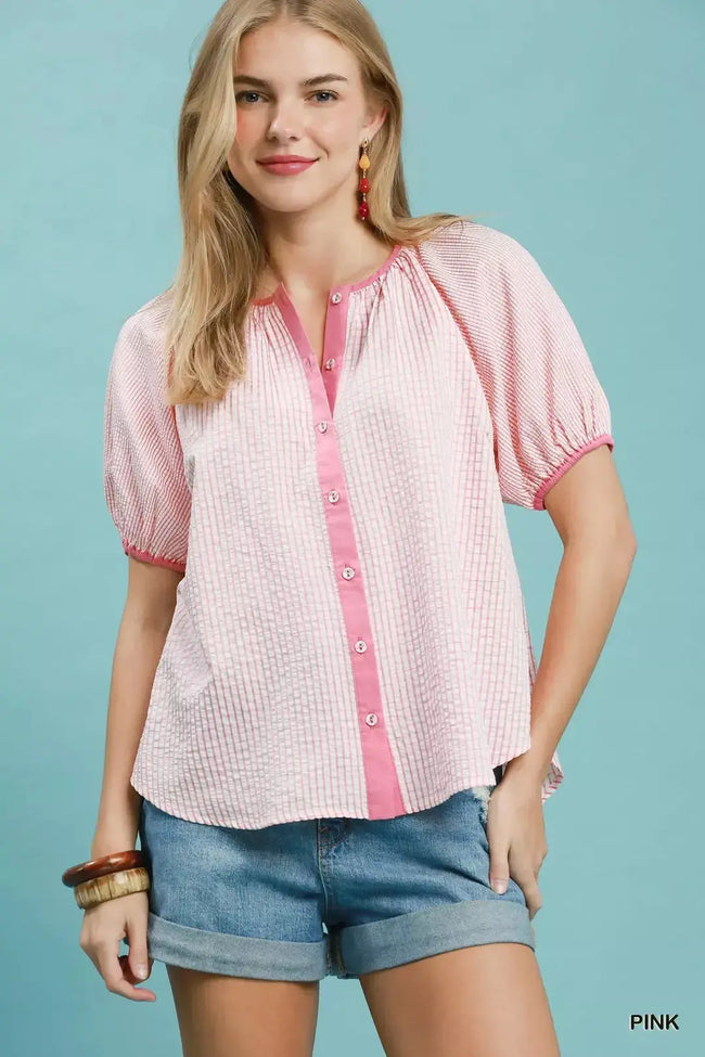 Umgee Checker Puff Sleeve Button Front Blouse  Style Ratio