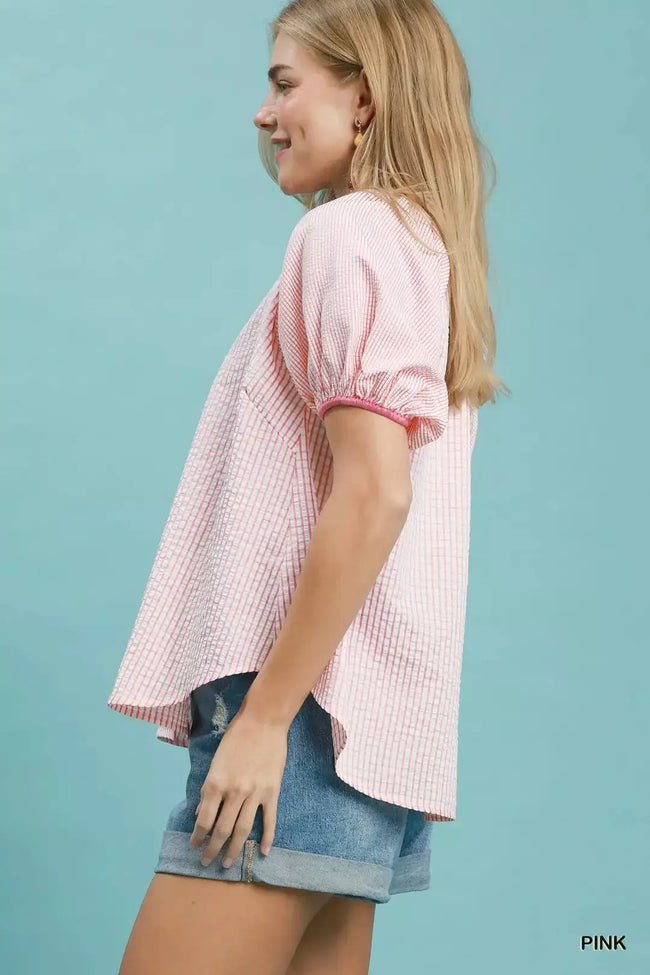 Umgee Checker Puff Sleeve Button Front Blouse  Style Ratio