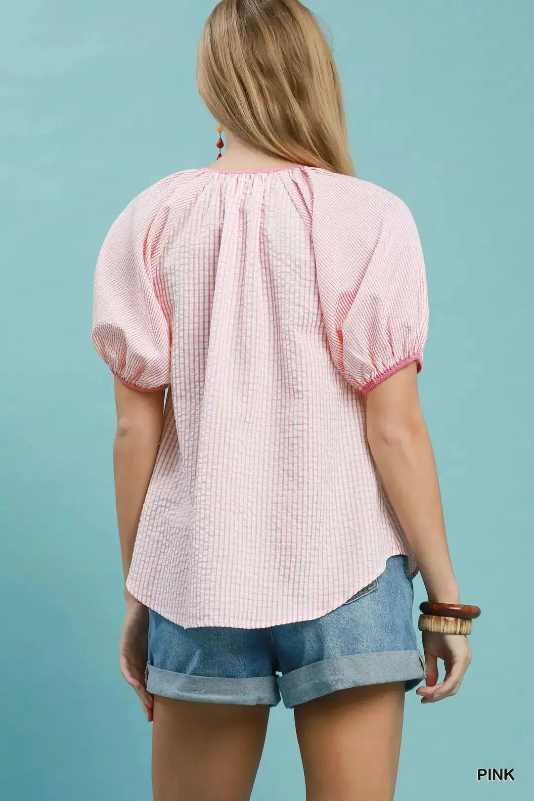 Umgee Checker Puff Sleeve Button Front Blouse  Style Ratio