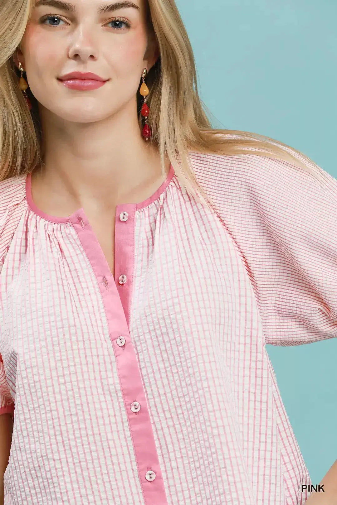 Umgee Checker Puff Sleeve Button Front Blouse  Style Ratio