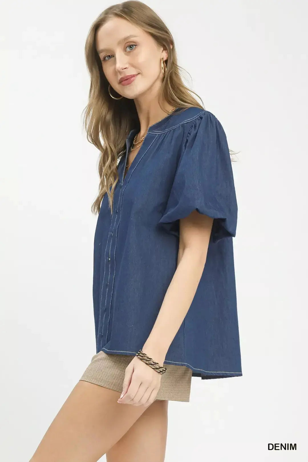 Umgee Denim Button Front Puff Sleeve Boho Blouse  Style Ratio
