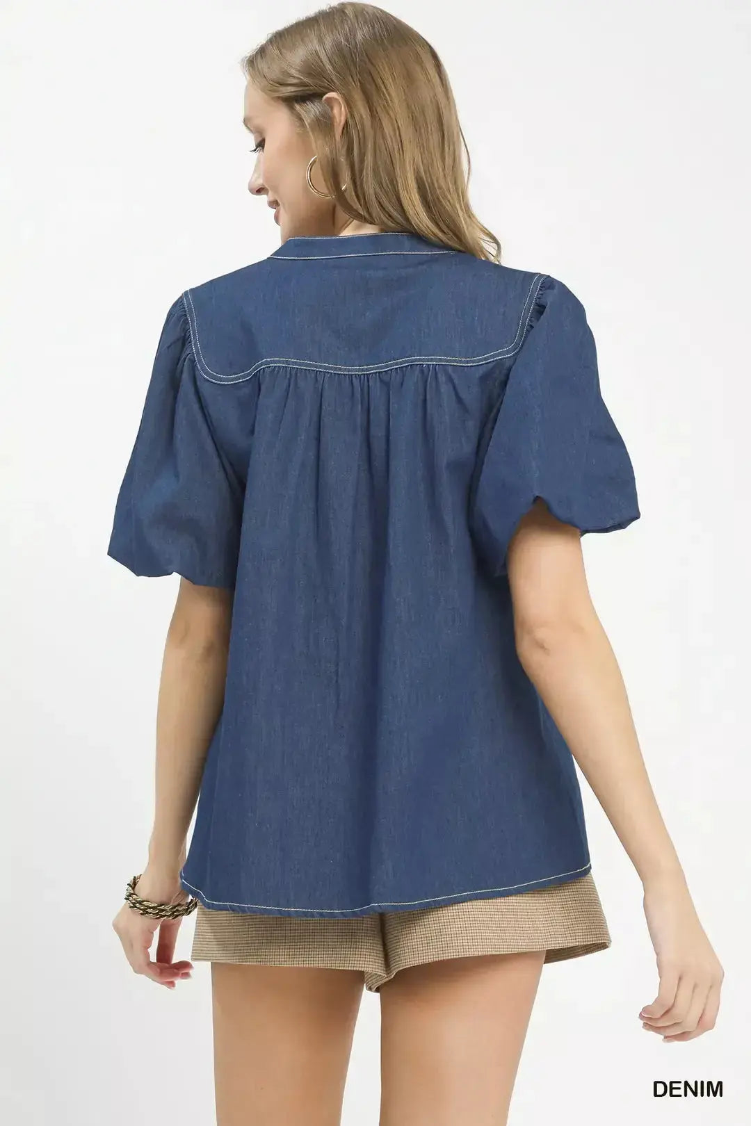 Umgee Denim Button Front Puff Sleeve Boho Blouse  Style Ratio