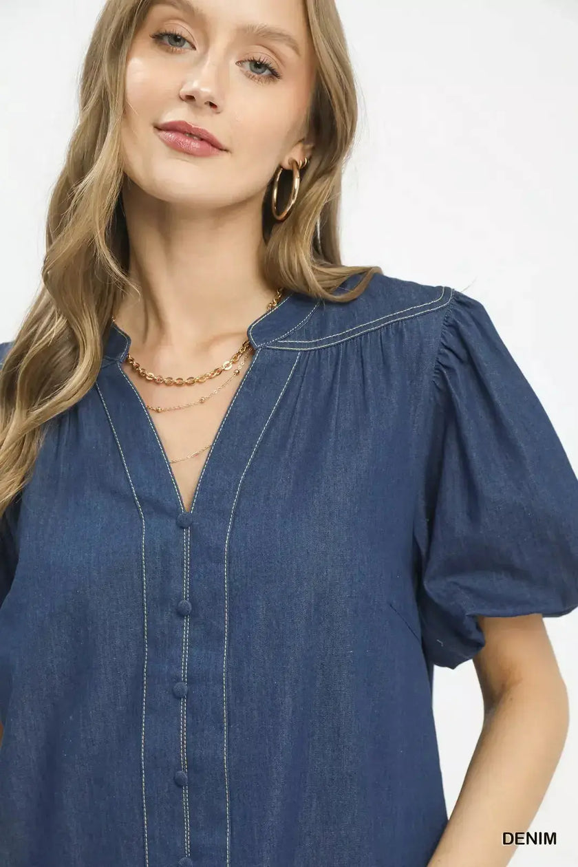 Umgee Denim Button Front Puff Sleeve Boho Blouse  Style Ratio
