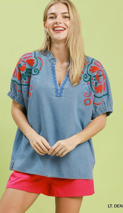 Umgee Embroidered Denim Puff Sleeve Top  Style Ratio