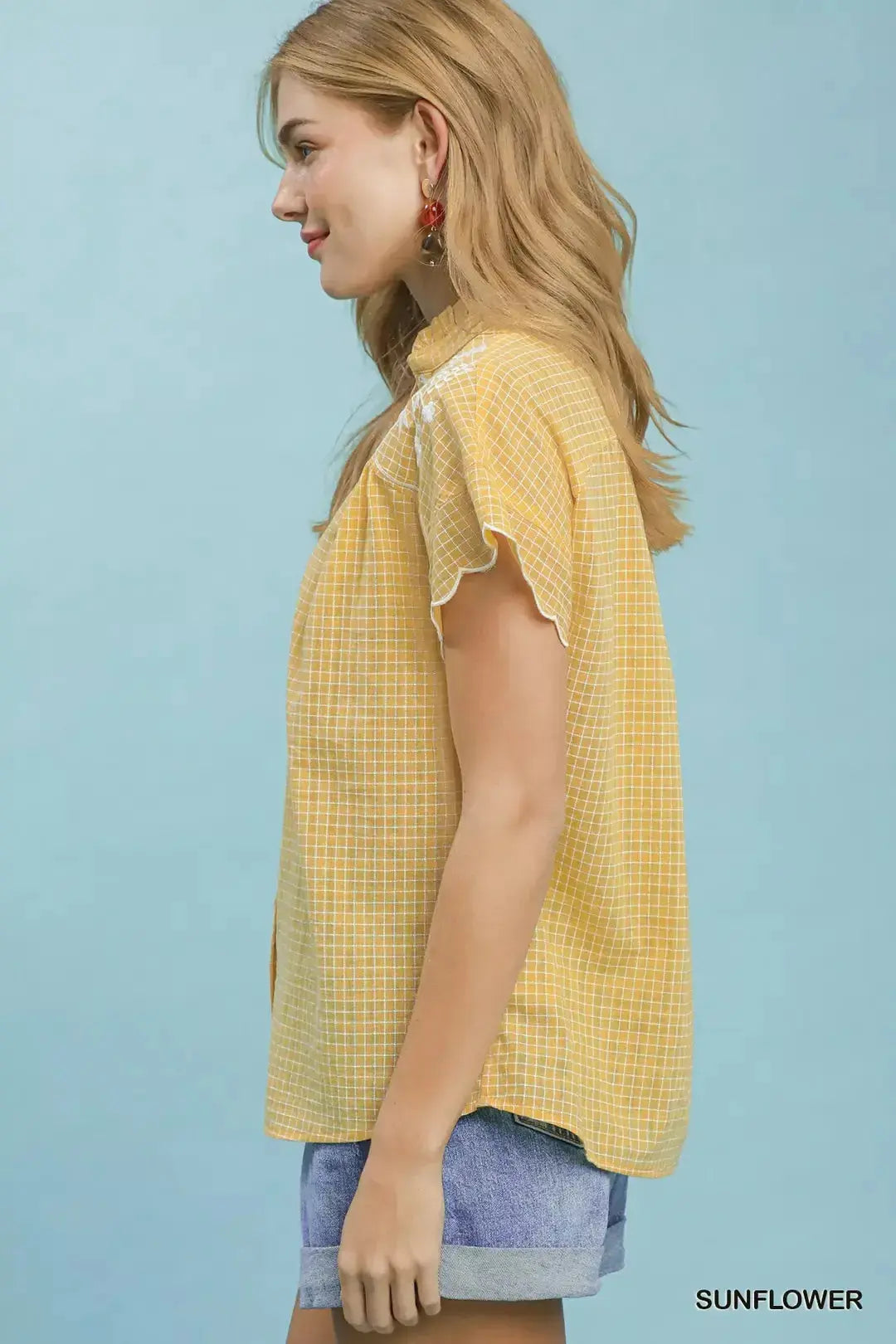 Umgee Embroidered Print Scallop Sleeve Button Front Blouse  Style Ratio