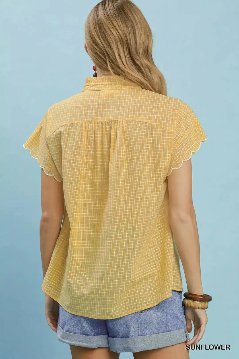 Umgee Embroidered Print Scallop Sleeve Button Front Blouse  Style Ratio