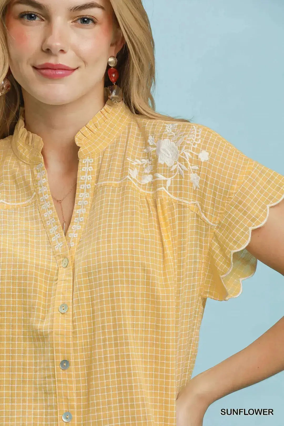Umgee Embroidered Print Scallop Sleeve Button Front Blouse  Style Ratio